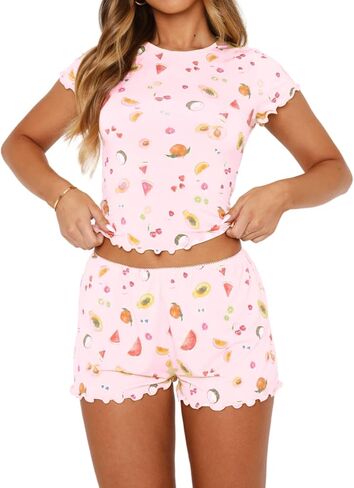 Dressmine النساء منامة مجموعة 2 قطعة مجموعات عادية 2026 الصيف PJ السراويل لطيف مجموعة ملابس Y2k قصيرة الأكمام بلايز صالة وتتسابق in Kuwait