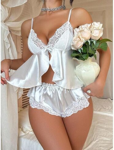 Women's Floral Lace Satin PJ Set Bow Split Cami And Shorts Pajama Set in Saudi Arabia