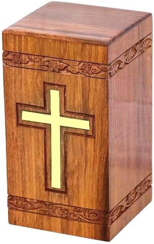 Wooden Urn Box With Brass Cross Urn For Adult Ashes Wood Cremation Urns For Male and Female | Decorative Urns For Human Ashes | Large Urns With Bottom Opening System in Saudi Arabia