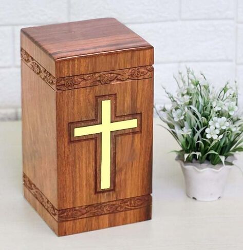 Wooden Urn Box With Brass Cross Urn For Adult Ashes Wood Cremation Urns For Male and Female | Decorative Urns For Human Ashes | Large Urns With Bottom Opening System in Saudi Arabia