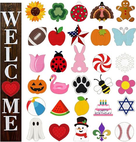 Interchangeable Welcome Sign for Front Porch 47 x 7.9 Inch Wooden Porch Sign with 30 Interchangeable Designed Patterns for Home Farmhouse Halloween Christmas Thanksgiving Decor (Wood Color) in Saudi Arabia