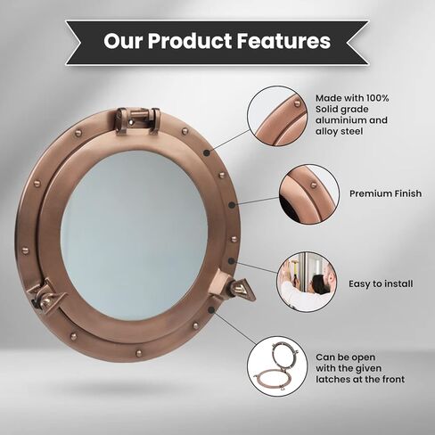 15 Inch Bathroom Wall Decor Ship Porthole Mirror with Copper Finish – Vintage Round Wall Mounted Mirror for Bathroom Vanity, Nautical Pirate Coastal Vintage Home Décor in Kuwait