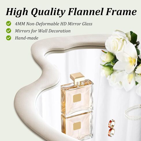 مرآة بيضاء متموجة غير منتظمة مقاس 60.96 سم × 81.28 سم مع إطار خشبي ملفوف بالفانيلا - مرآة زخرفية حديثة لغرفة المعيشة والمدخل وغرفة النوم وغرفة الطعام in Kuwait