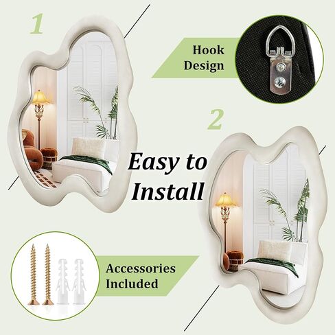 مرآة بيضاء متموجة غير منتظمة مقاس 60.96 سم × 81.28 سم مع إطار خشبي ملفوف بالفانيلا - مرآة زخرفية حديثة لغرفة المعيشة والمدخل وغرفة النوم وغرفة الطعام in Kuwait