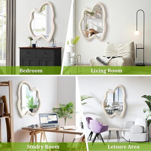 مرآة بيضاء متموجة غير منتظمة مقاس 60.96 سم × 81.28 سم مع إطار خشبي ملفوف بالفانيلا - مرآة زخرفية حديثة لغرفة المعيشة والمدخل وغرفة النوم وغرفة الطعام in Kuwait