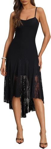 Women's Sexy Sweetheart Neck Ruched Mesh Sleeveless Adjustable Straps Lace Flowy Hem Party Midi Dress in Saudi Arabia