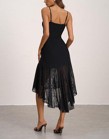 Women's Sexy Sweetheart Neck Ruched Mesh Sleeveless Adjustable Straps Lace Flowy Hem Party Midi Dress in Saudi Arabia