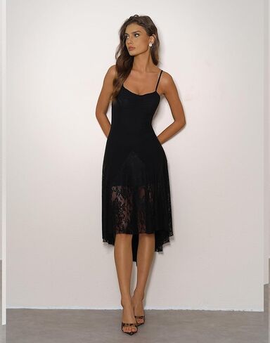 Women's Sexy Sweetheart Neck Ruched Mesh Sleeveless Adjustable Straps Lace Flowy Hem Party Midi Dress in Saudi Arabia