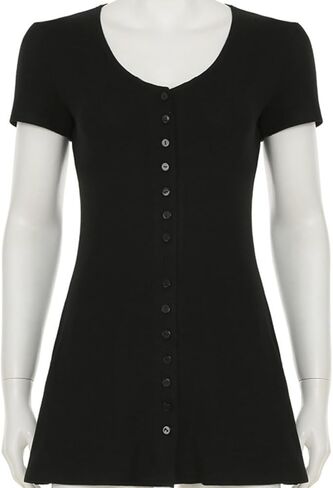 Women Elegant Y2K Deep V Neck Button Down Knitted Mini Dress Slim Fit Short Sleeve Flowy Going Out Short Dress in Saudi Arabia