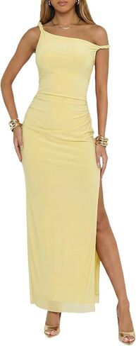 Women Modal Ruched Waist Dress Twist Strap Side Slit Maxi Dress Mesh Layer Sleeveless Cocktail Evening Party Gown in Kuwait