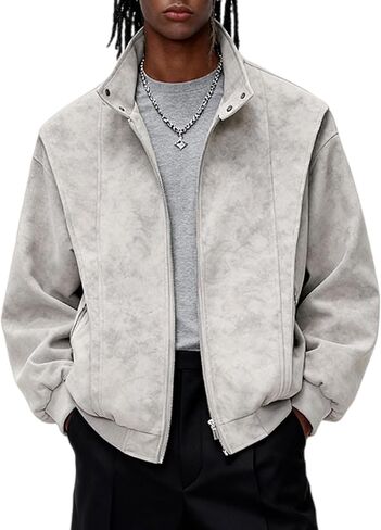 Bakyarder Men’s Faux Suede Leather Jackets Oversized Fall Coat Unisex Zip Up Bomber Open Front Outerwear in Kuwait