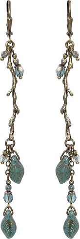Handmade Boho Branch Earrings with Aqua and Teal Artisan Czech Glass Leaf Beads and Antiqued Brass in Kuwait