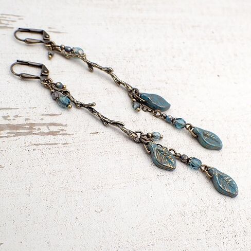 Handmade Boho Branch Earrings with Aqua and Teal Artisan Czech Glass Leaf Beads and Antiqued Brass in Kuwait