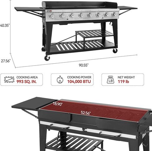 شواية غاز رويال جورميه 8 شعلات، 104000 وحدة حرارية بريطانية، شواية بروبان سائلة، أنظمة مزدوجة يمكن التحكم فيها بشكل مستقل، حفلة خارجية أو شواء في الفناء الخلفي، أسود in Kuwait