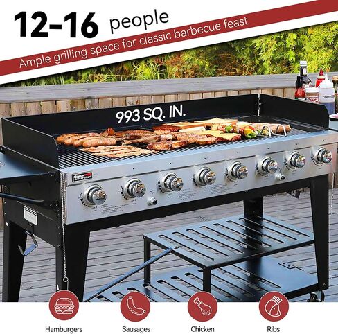 شواية غاز رويال جورميه 8 شعلات، 104000 وحدة حرارية بريطانية، شواية بروبان سائلة، أنظمة مزدوجة يمكن التحكم فيها بشكل مستقل، حفلة خارجية أو شواء في الفناء الخلفي، أسود in Kuwait