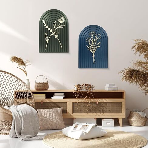 Teeloray Boho Wall Decor Wooden Arch Floral Mid Century Modern Shelf Decor Aesthetic Bohemian Art Wall Hanging Decor with 3D Hollow Craft Minimalist Wall Art for Bookshelf Living Room Bedroom in Kuwait