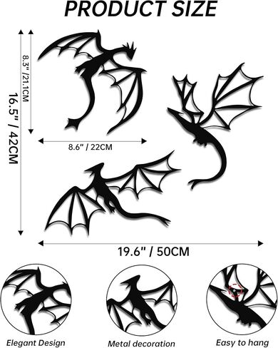JEWLOVE Dragon Wall Art, 3-Piece Dragon Wall Decor with Flying Dragons - Fantasy Room Decor for Living Room, Bedroom, Office, Man Cave in Kuwait