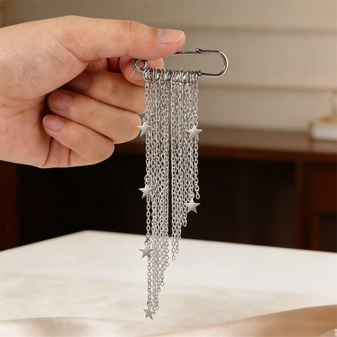Silver Brooch Pins with Metal Chain Star Pendant Tassel Brooches for Women Fashion Decorative Pins for Clothes Small Brooch Pin Womens Brooches for Scarf Shrit Jean Pants Clothing Accessories in Kuwait