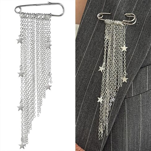 Silver Brooch Pins with Metal Chain Star Pendant Tassel Brooches for Women Fashion Decorative Pins for Clothes Small Brooch Pin Womens Brooches for Scarf Shrit Jean Pants Clothing Accessories in Kuwait