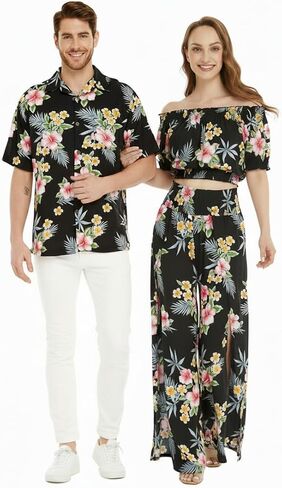 Matchable Couple Hawaiian Luau Shirt or Wide Legged Pants in Hibiscus Black in Saudi Arabia