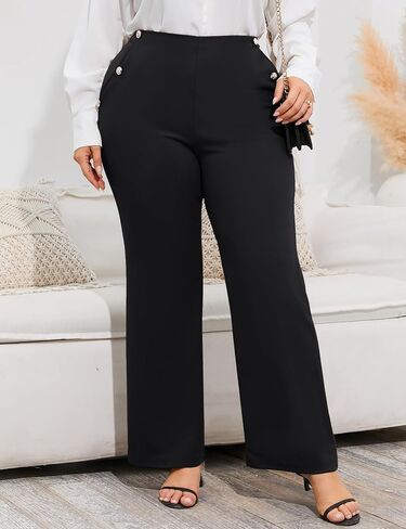 Yesfashion Plus Size Women Flared Trousers Slim Fit Long Dress Pants Stretchy Casual Work Side Pockets Elastic Waist in Saudi Arabia