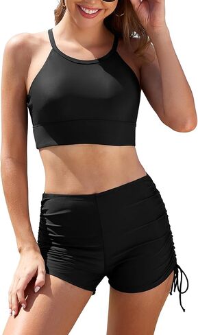 SHEKINI Women's 2 Pieces Swimsuits Crisscross Bikini Top Tummy Control Side Tie Boyshorts in Saudi Arabia