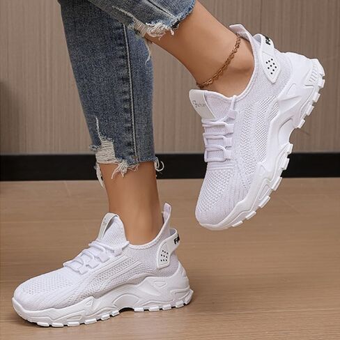 Women's Solid Color Breathable Knit Running Shoes - Lightweight Soft Sole Sneakers for Walking, Gym, Sports - Anti-Slip Lace-Up Low-Top Athletic Shoes in Saudi Arabia