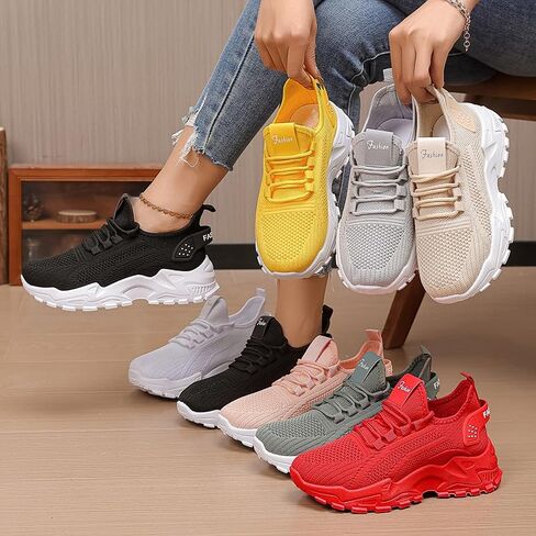 Women's Solid Color Breathable Knit Running Shoes - Lightweight Soft Sole Sneakers for Walking, Gym, Sports - Anti-Slip Lace-Up Low-Top Athletic Shoes in Saudi Arabia