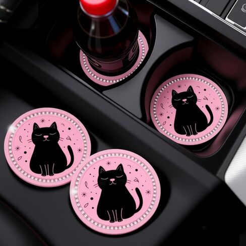 2 Pack Cute Cat Car Coasters for Women, 2.75" Absorbent Silicone Cup Holder Inserts – Pastel Pink Coffee & Books Design with Enjoy The Ride Quote, Cozy Auto Interior Decor Gifts in Saudi Arabia