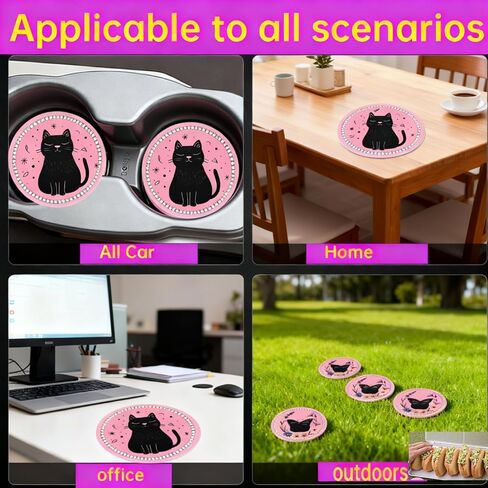 2 Pack Cute Cat Car Coasters for Women, 2.75" Absorbent Silicone Cup Holder Inserts – Pastel Pink Coffee & Books Design with Enjoy The Ride Quote, Cozy Auto Interior Decor Gifts in Saudi Arabia