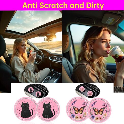 2 Pack Cute Cat Car Coasters for Women, 2.75" Absorbent Silicone Cup Holder Inserts – Pastel Pink Coffee & Books Design with Enjoy The Ride Quote, Cozy Auto Interior Decor Gifts in Saudi Arabia