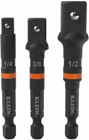 Klein Tools 65030A 3-Piece Impact Driver Socket Adapter Set, 3-Inch Quick-Connect Extensions, Knurled Grip, High-Visibility, 1/4, 3/8, and 1/2-Inch Square Drive Adapters in Kuwait