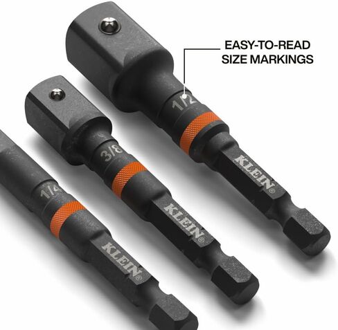 مجموعة محول مقبس مفك الصدمات 3 قطع من Klein Tools 65030A، ملحقات توصيل سريع 3 بوصة، قبضة مخرشة، رؤية عالية، محولات محرك مربعة 1/4، 3/8، و1/2 بوصة in Kuwait