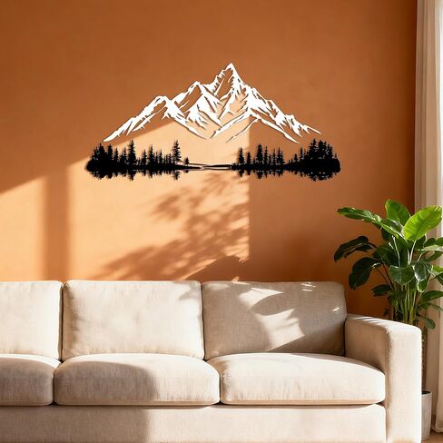Slickss Metal Mountain Wall Art, Large 32x15 Inch Mountain Forest Silhouette, Modern Nature Themed Metal Wall Decor for Living Room, Bedroom, Office in Kuwait