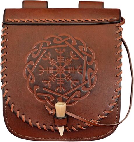 Mythrojan Viking Leather Belt Pouch, Embossed Norse Medieval Waist Bag with Toggle Closure, LARP Cosplay Reenactment & Renaissance Fair Leather Pouch, 7.7" x 7" Brown in Saudi Arabia