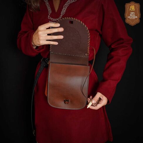 Mythrojan Viking Leather Belt Pouch, Embossed Norse Medieval Waist Bag with Toggle Closure, LARP Cosplay Reenactment & Renaissance Fair Leather Pouch, 7.7" x 7" Brown in Saudi Arabia
