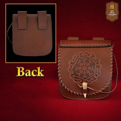 Mythrojan Viking Leather Belt Pouch, Embossed Norse Medieval Waist Bag with Toggle Closure, LARP Cosplay Reenactment & Renaissance Fair Leather Pouch, 7.7" x 7" Brown in Saudi Arabia