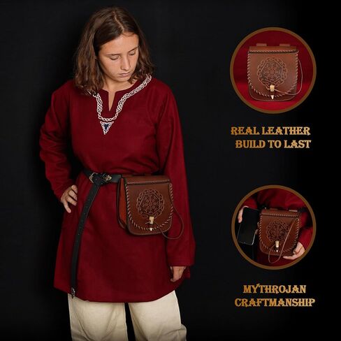 Mythrojan Viking Leather Belt Pouch, Embossed Norse Medieval Waist Bag with Toggle Closure, LARP Cosplay Reenactment & Renaissance Fair Leather Pouch, 7.7" x 7" Brown in Saudi Arabia