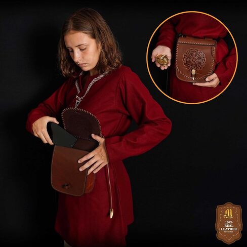 Mythrojan Viking Leather Belt Pouch, Embossed Norse Medieval Waist Bag with Toggle Closure, LARP Cosplay Reenactment & Renaissance Fair Leather Pouch, 7.7" x 7" Brown in Saudi Arabia