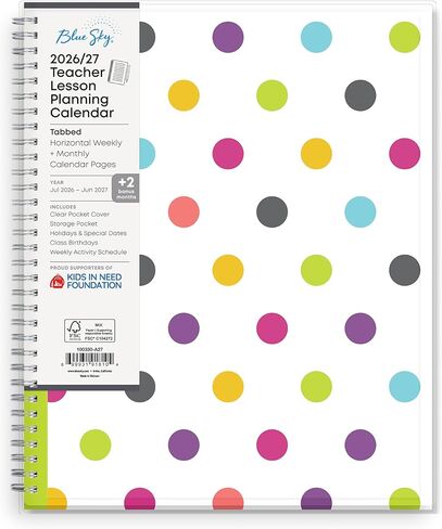 Blue Sky 2026-2027 Weekly and Monthly Academic Year Teacher Lesson Planner Calendar, July 2026 - June 2027, 8.5" x 11", Clear Pocket Cover, Wirebound, Laminated Tabs, Storage Pocket, Dots in Saudi Arabia