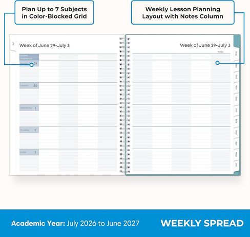 Blue Sky 2026-2027 Weekly and Monthly Academic Year Teacher Lesson Planner Calendar, July 2026 - June 2027, 8.5" x 11", Clear Pocket Cover, Wirebound, Laminated Tabs, Storage Pocket, Dots in Saudi Arabia