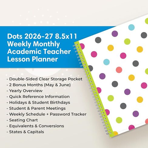 Blue Sky 2026-2027 Weekly and Monthly Academic Year Teacher Lesson Planner Calendar, July 2026 - June 2027, 8.5" x 11", Clear Pocket Cover, Wirebound, Laminated Tabs, Storage Pocket, Dots in Saudi Arabia