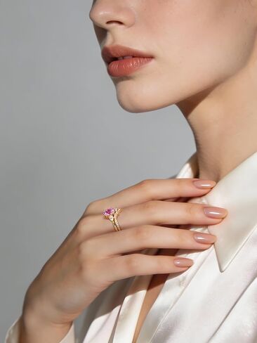مجموعة خواتم من الياقوت الوردي المكثف 3CT Lab Grown Intense، خاتم من 3 أحجار مع شريط تاج تاج، حلقات قابلة للتكديس مطلية بالذهب عيار 14 قيراط للنساء، هدية مجوهرات خالية من النزاعات مع وعد الذكرى السنوية مع شهادة وصندوق in Saudi Arabia