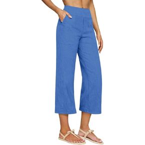Capri Pants for Women High Waisted Linen Cropped Wide Leg Summer Casual Beach Cotton Palazzo Culottes with Pockets in Kuwait