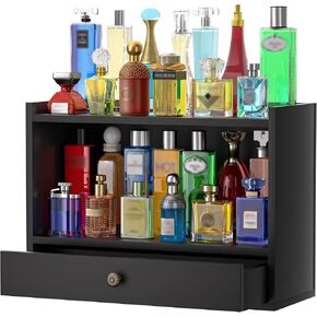 2 Tier Cologne Organizer for Men, Wooden Perfume Organizer Cologne Stand with Drawer Storage Large Capacity, Gift for Men (Black) in Saudi Arabia