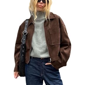 سترة نسائية من جلد الغزال بنية غير رسمية بأكمام طويلة مع زمم سترة منفوخة من جلد الغزال للنساء 2025 in Kuwait