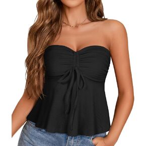Tube Tops for Women Strapless Tie Front Ruched Tops Peplum Flared Hem Casual Bandeau Top in Kuwait