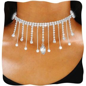 JAKAWIN Rhinestone Choker Necklace Silver Sparkly Tassel Pendant Necklaces Jewelry for Women in Kuwait