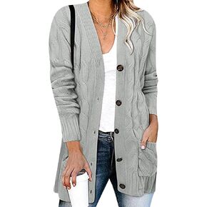 OMZIN Women Daily Cable Knit Plain Cardigan Baggy Button Down Sweater V Neck Autumn Business Coat in Kuwait