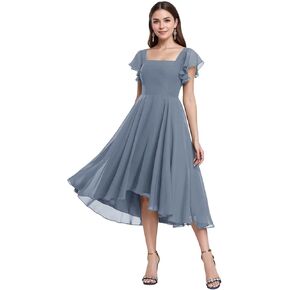 Tea Length Chiffon Bridesmaid Dress Sqaure Neck Formal Party Dresses with Short Sleeve in Saudi Arabia